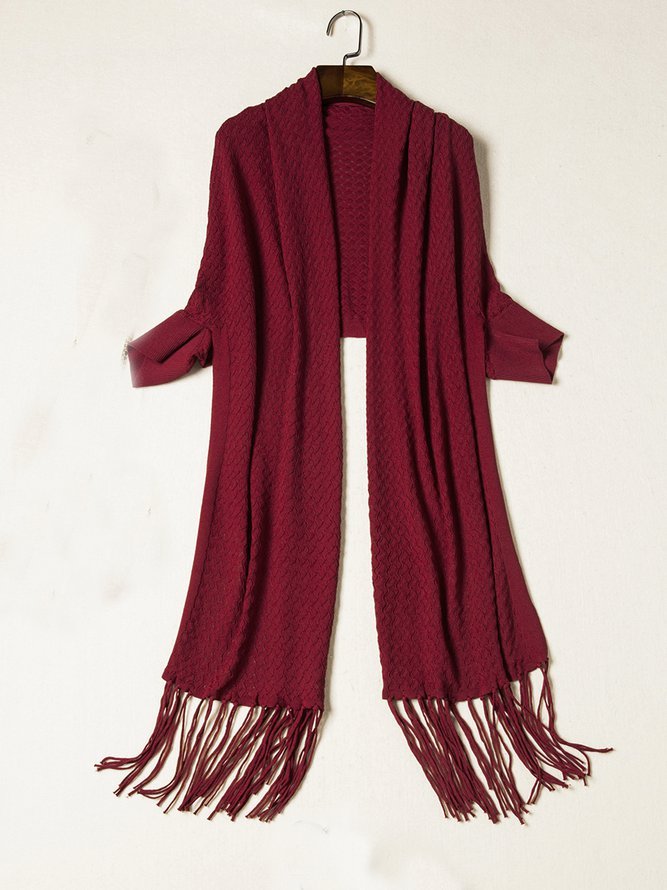 Wine Red Knitted Plain Cotton-blend Casual Cape